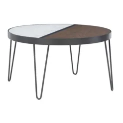 Kirkland's Home Coffee Tables-Round Brown Wood And White Marble Top Coffee Table