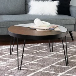Kirkland's Home Coffee Tables-Round Brown Wood And White Marble Top Coffee Table