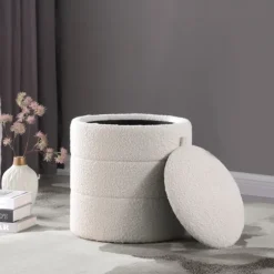 Kirkland's Home Benches & Ottomans-Round Cream Boucle Storage Ottoman