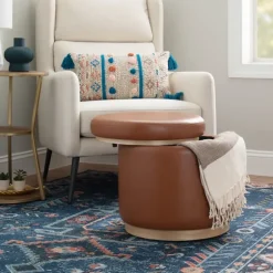 Kirkland's Home Benches & Ottomans-Round Faux Leather Storage Ottoman