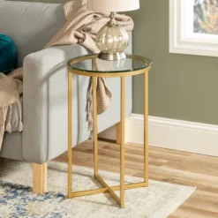 Kirkland's Home Accent & End Tables-Round Gold Metal And Glass Side Table