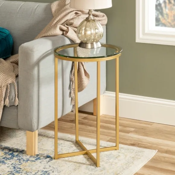 Kirkland's Home Accent & End Tables-Round Gold Metal And Glass Side Table