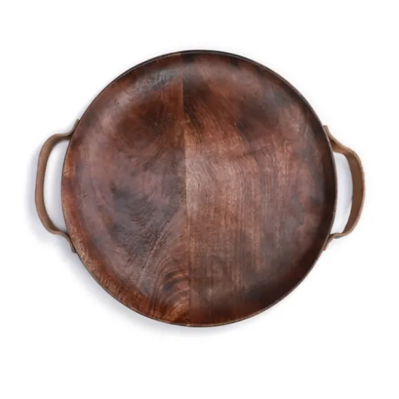 Kirkland's Home Decorative Trays-Round Mango Wood Tray With Leather Handles