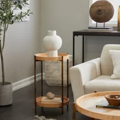 Kirkland's Home Accent & End Tables-Round Rattan 2-Tier Side Table