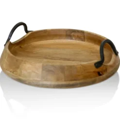 Kirkland's Home Decorative Trays-Round Rustic Metal Handle Wooden Tray