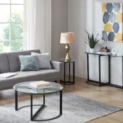 Kirkland's Home Coffee Tables-Round Tempered Glass Hourglass Base Coffee Table