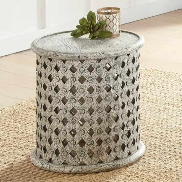 Kirkland's Home Accent & End Tables-Round White Wood Lattice Accent Table