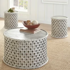Kirkland's Home Accent & End Tables-Round White Wood Lattice Accent Table