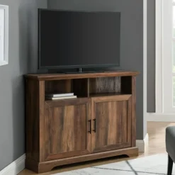 Kirkland's Home Tv Stands & Media Consoles-Rustic Oak Grooved Door Corner Tv Stand