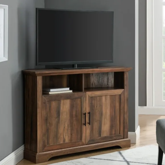 Kirkland's Home Tv Stands & Media Consoles-Rustic Oak Grooved Door Corner Tv Stand