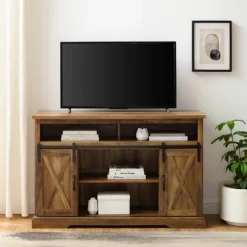 Kirkland's Home Tv Stands & Media Consoles-Rustic Oak Sliding Barn Door Highboy Tv Stand