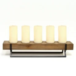 Kirkland's Home Candle Holders-Rustic Wood Candle Runner With Metal Stand