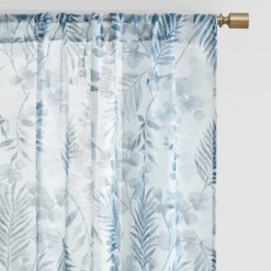 Kirkland's Home Curtains & Drapes-Sheer Blue Botanical Curtain Panel Set, 95 In.