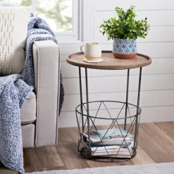 Kirkland's Home Accent & End Tables-Side Table With Metal Wire Basket