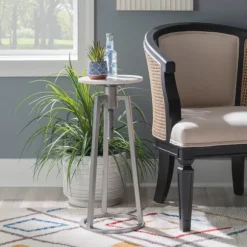 Kirkland's Home Accent & End Tables-Silver And White Marble Adjustable Drink Table