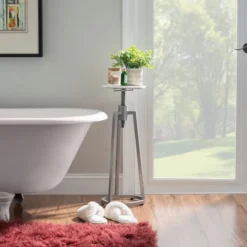 Kirkland's Home Accent & End Tables-Silver And White Marble Adjustable Drink Table