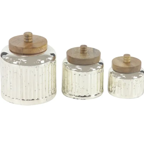 Kirkland's Home Decorative Bowls & Jars-Silver Glass Jars With Wooden Lids, Set Of 3