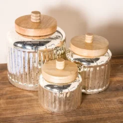 Kirkland's Home Decorative Bowls & Jars-Silver Glass Jars With Wooden Lids, Set Of 3