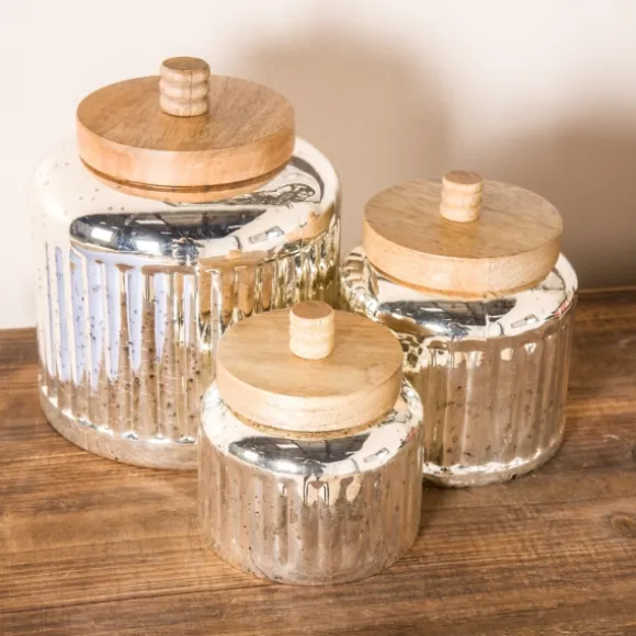 Kirkland's Home Decorative Bowls & Jars-Silver Glass Jars With Wooden Lids, Set Of 3