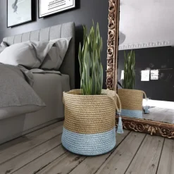 Kirkland's Home Baskets & Boxes-Spa Blue And Tan Woven Basket With Tassel, 19 In.