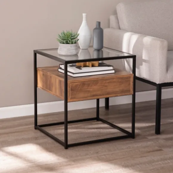 Kirkland's Home Accent & End Tables-Square Metal And Wood Glass Top Accent Table