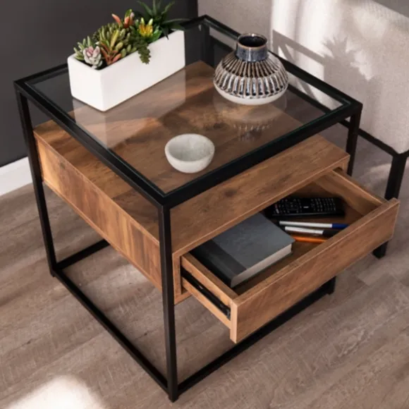 Kirkland's Home Accent & End Tables-Square Metal And Wood Glass Top Accent Table