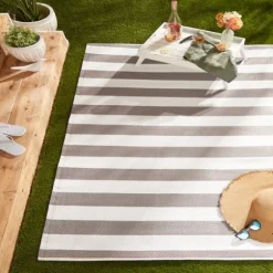 Kirkland's Home Outdoor Rugs-Stone And White Rugby Stripe Outdoor Area Rug, 4X6