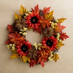 Kirkland's Home Wreaths-Sunflower And Pumpkin Rattan Wreath