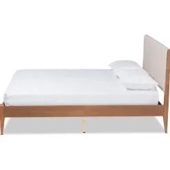 Kirkland's Home Beds & Headboards-Tan Upholstered Brown Wood King Platform Bed