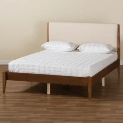 Kirkland's Home Beds & Headboards-Tan Upholstered Brown Wood King Platform Bed