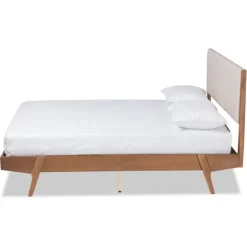 Kirkland's Home Beds & Headboards-Tan Upholstered Brown Wood Queen Platform Bed