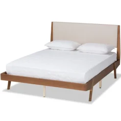 Kirkland's Home Beds & Headboards-Tan Upholstered Brown Wood Full Platform Bed