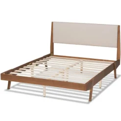 Kirkland's Home Beds & Headboards-Tan Upholstered Brown Wood Full Platform Bed