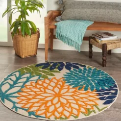 Kirkland's Home Outdoor Rugs-Tangerine Floral Burst Round Outdoor Area Rug