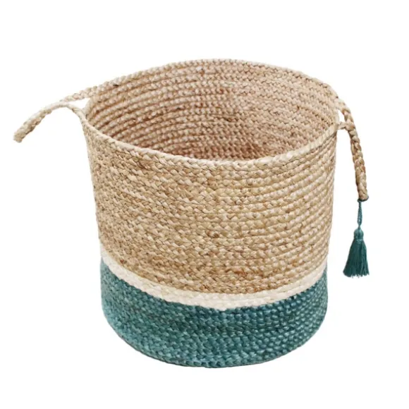 Kirkland's Home Baskets & Boxes-Teal Off White Woven Basket With Tassel, 17 In.
