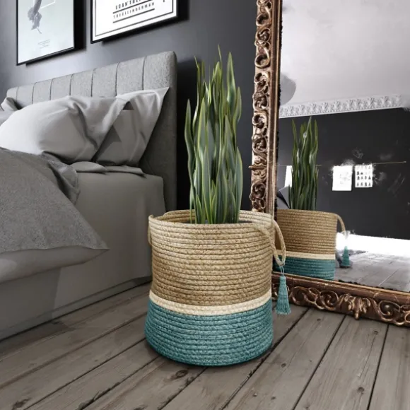 Kirkland's Home Baskets & Boxes-Teal Off White Woven Basket With Tassel, 17 In.