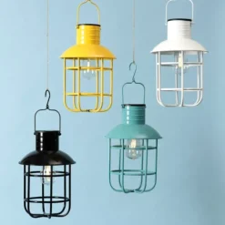 Kirkland's Home Outdoor Lighting-Turquoise Hanging Cage Solar Powered Lantern