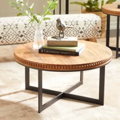 Kirkland's Home Coffee Tables-Walnut Beaded Industrial Coffee Table