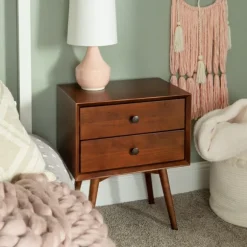 Kirkland's Home Nightstands-Walnut 2-Drawer Mid-Century Modern Nightstand