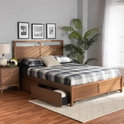 Kirkland's Home Beds & Headboards-Walnut 4-Drawer Queen Bed Frame With Headboard