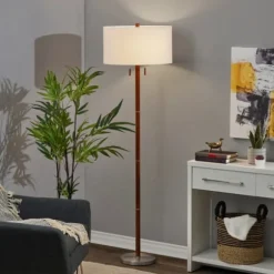 Kirkland's Home Floor Lamps-Walnut Wood And Silver Floor Lamp, 66 In.