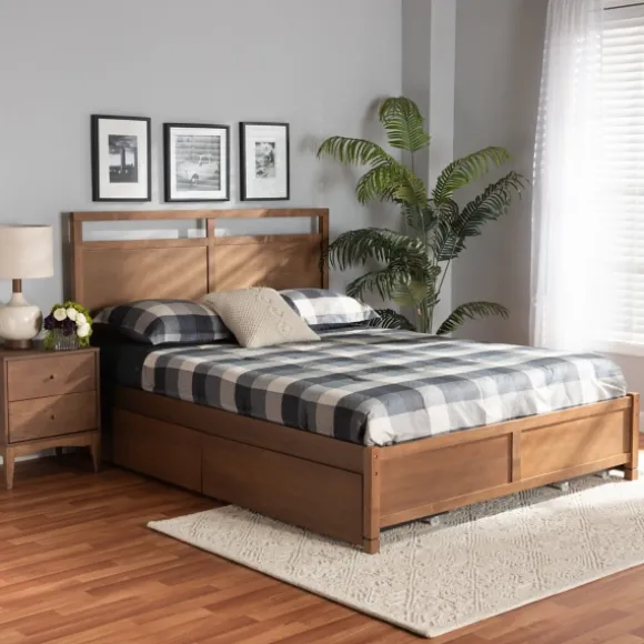 Kirkland's Home Beds & Headboards-Walnut Wood Headboard 4-Drawer Full Platform Bed