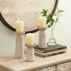 Kirkland's Home Candle Holders-Washed Carved Wood Candle Holders, Set Of 3