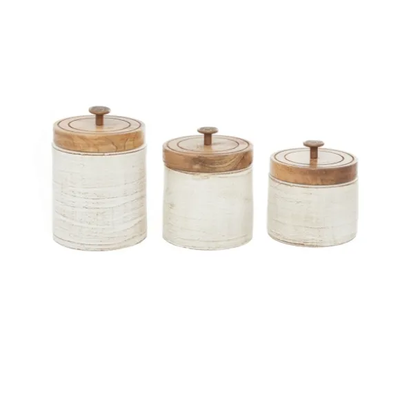 Kirkland's Home Decorative Bowls & Jars-Weathered Ivory Jars With Wooden Lids, Set Of 3