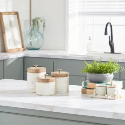 Kirkland's Home Decorative Bowls & Jars-Weathered Ivory Jars With Wooden Lids, Set Of 3