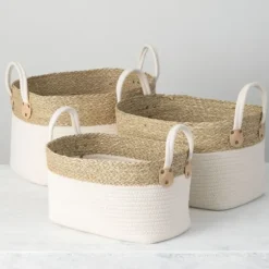 Kirkland's Home Baskets & Boxes-White And Natural Seagrass Woven Baskets, Set Of 3