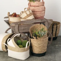 Kirkland's Home Baskets & Boxes-White And Natural Seagrass Woven Baskets, Set Of 3
