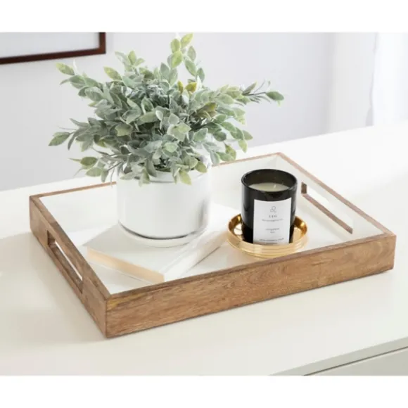 Kirkland's Home Decorative Trays-White Enameled Rectangle Mango Wood Tray