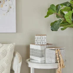 Kirkland's Home Baskets & Boxes-White Metal And Carved Wood Boxes, Set Of 3