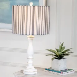 Kirkland's Home Table Lamps-White Resin Table Lamp With Blue Stripe Shade